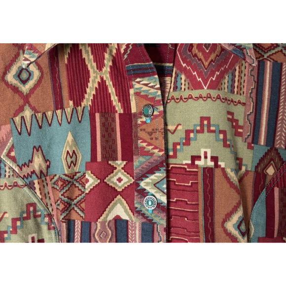 Bohemian Western Dress Medium Aztec Print Handmade Button Knee Short Sleeve Red - Picture 3 of 10